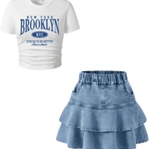 Cakaner Tween Girls Skirt Set Short Sleeve T-Shirt and Ruffle Tiered Denim Skirt Summer Casual 2 Piece Outfit Size 7-14