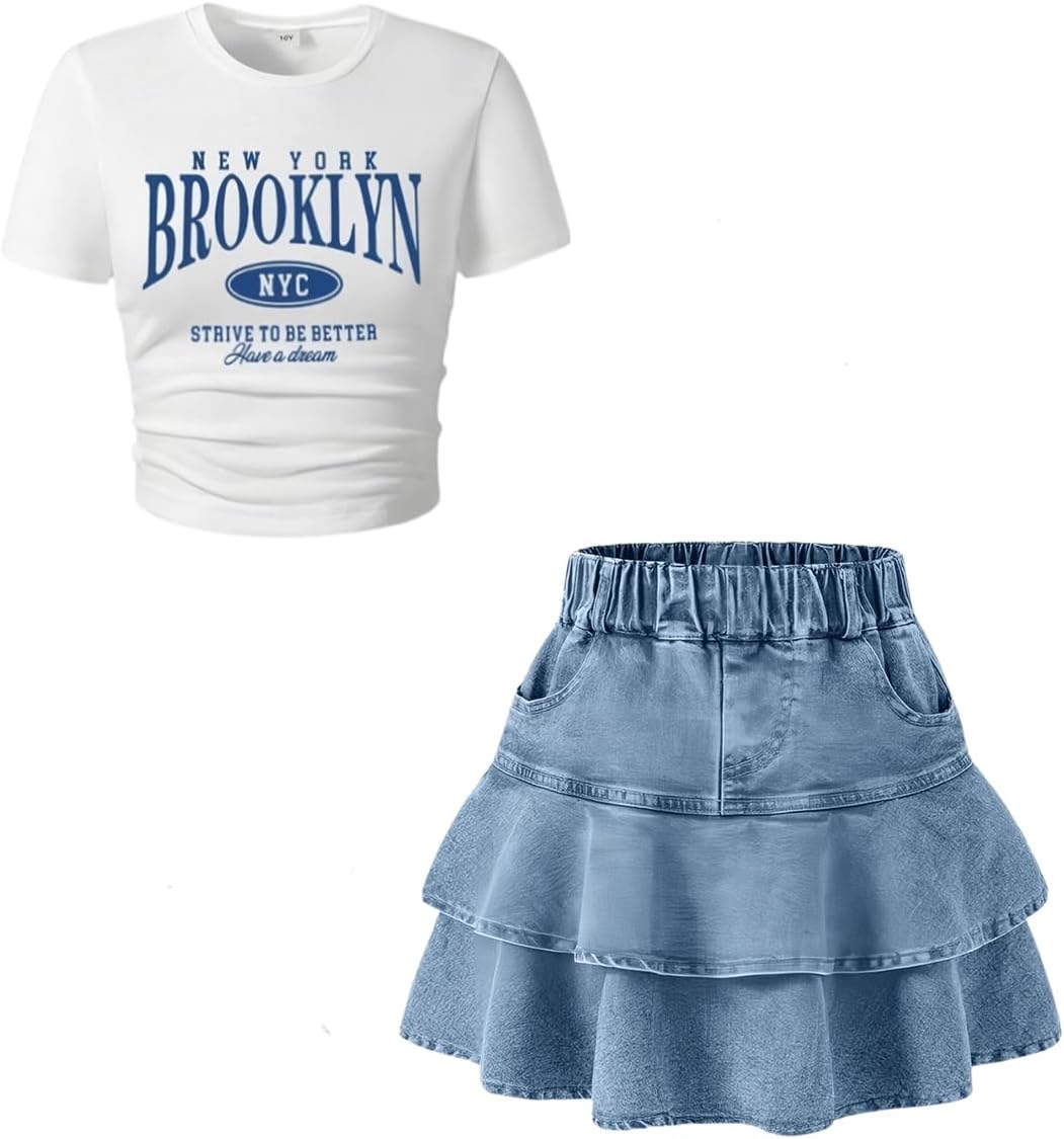 Cakaner Tween Girls Skirt Set Short Sleeve T-Shirt and Ruffle Tiered Denim Skirt Summer Casual 2 Piece Outfit Size 7-14