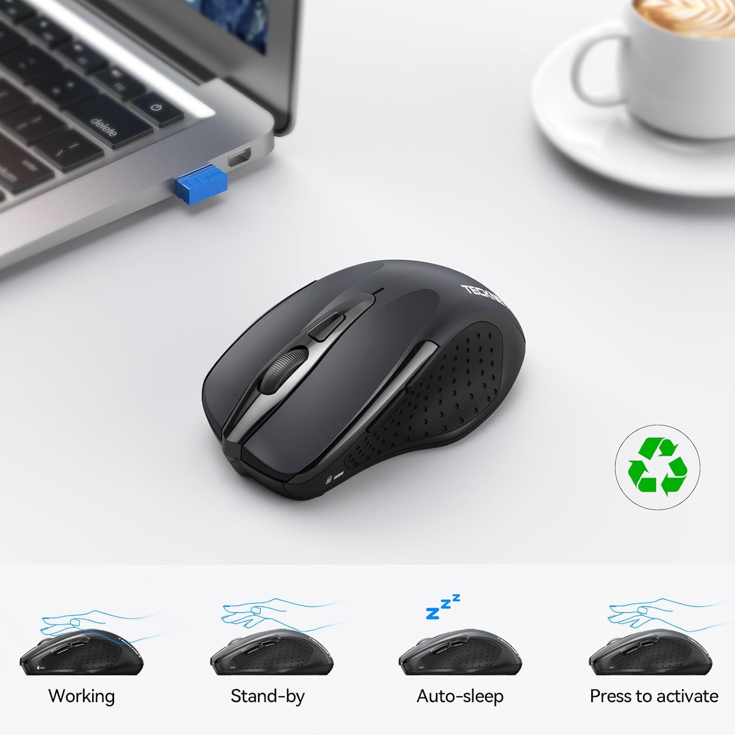 TECKNET Wireless Mouse (2.4G & BT5.0/3.0) Silent 4800 DPI Computer USB A & Bluetooth Mouse 6 Buttons, Wide Compatibility - Grey - Image 8