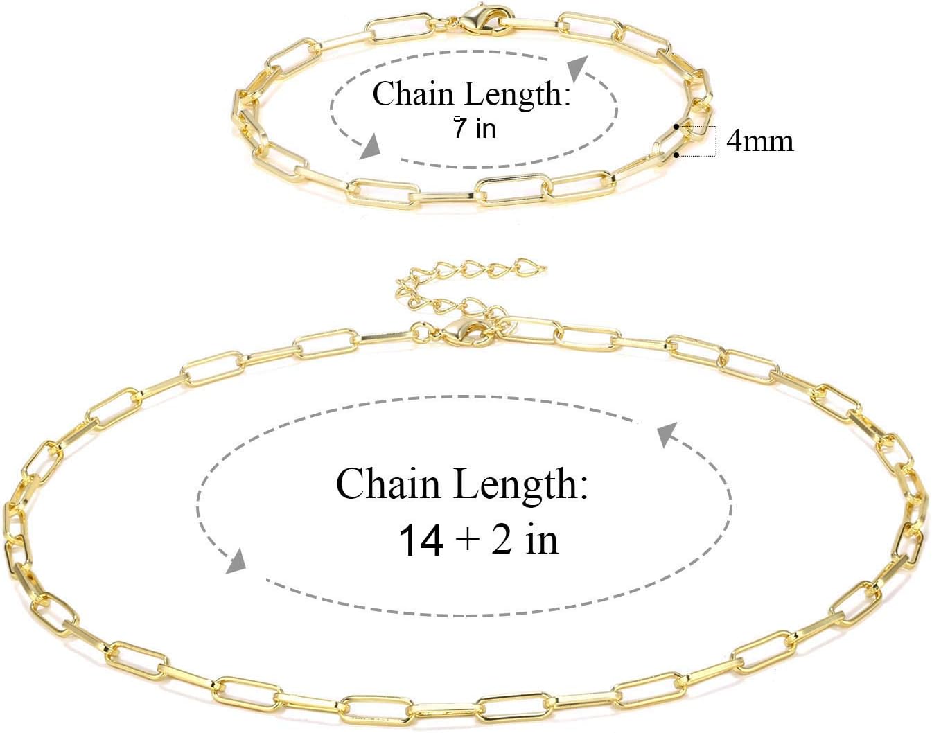 BOUTIQUELOVIN 14K Gold Plated Dainty Rectangle Paperclip Link Chain Necklace Bracelet Set for Women Jewelry Long Lasting Color - Image 4