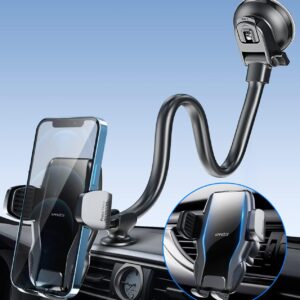 APPS2Car 13″ Gooseneck Phone Mount for Car Windshield Dashboard Vent, Cell Phone Holder for Car Truck with Strong Suction Cup, Anti-Shake Stabilizer, One-Hand Operation, Fits Most Smartphones