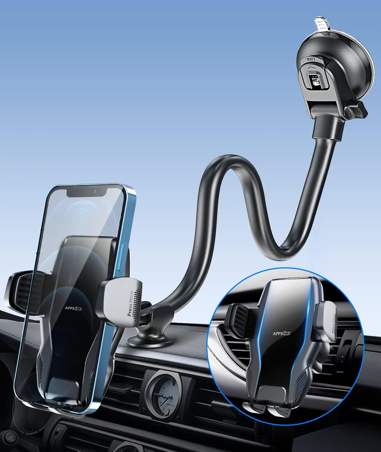 APPS2Car 13" Gooseneck Phone Mount for Car Windshield Dashboard Vent, Cell Phone Holder for Car Truck with Strong Suction Cup, Anti-Shake Stabilizer, One-Hand Operation, Fits Most Smartphones