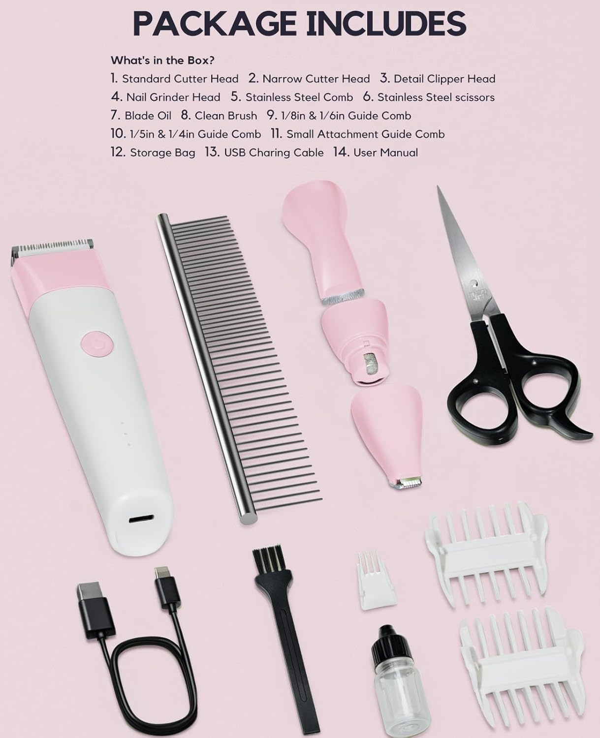 Dog Clippers Grooming Kit, 4 in 1 Quiet Cordless Dog Paw Trimmer & Nail Grinder, Small Cat Clippers Electric Rechargeable Low Noise Pet Shaver for Trimming Hair on Paw Eye Ear Face Rump (Pink) - Image 7