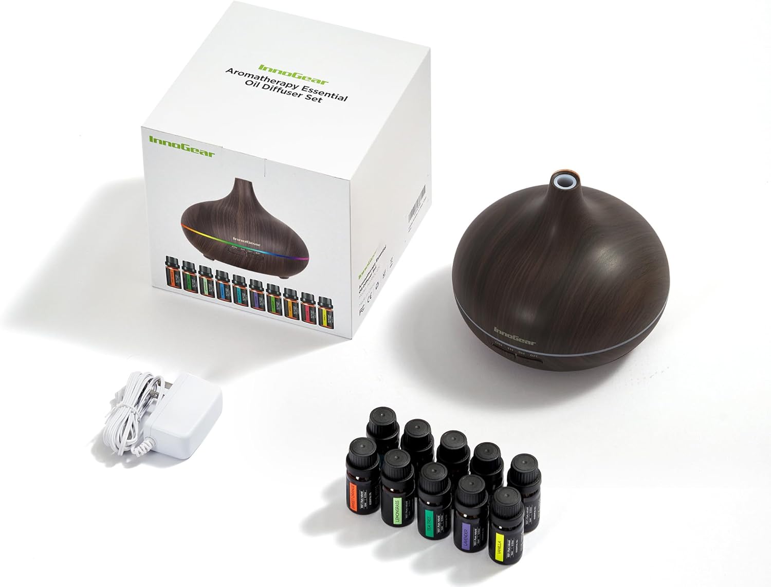 InnoGear Aromatherapy Diffuser & 10 Essential Oils Set, 400ml Diffuser Ultrasonic Diffusers for Home Cool Mist Humidifier with 4 Timers 7 Colors Light Waterless Auto Off, Dark Wood Grain - Image 6