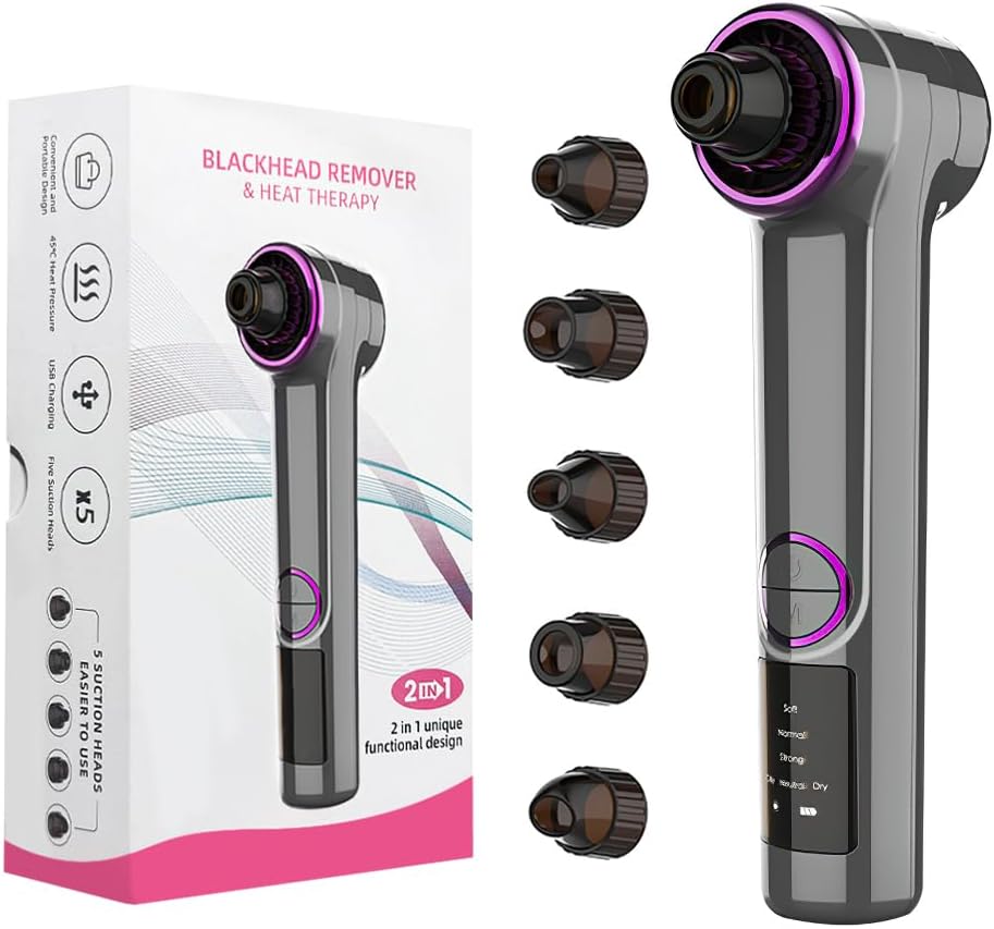 Blackhead Remover Pore Vacuum with Heating Function, Electric Comedone Extractor with 3 Suction Levels & 9 Modes, for Deep Pore Cleansing on Nose and Face with 5 Interchangeable Heads
