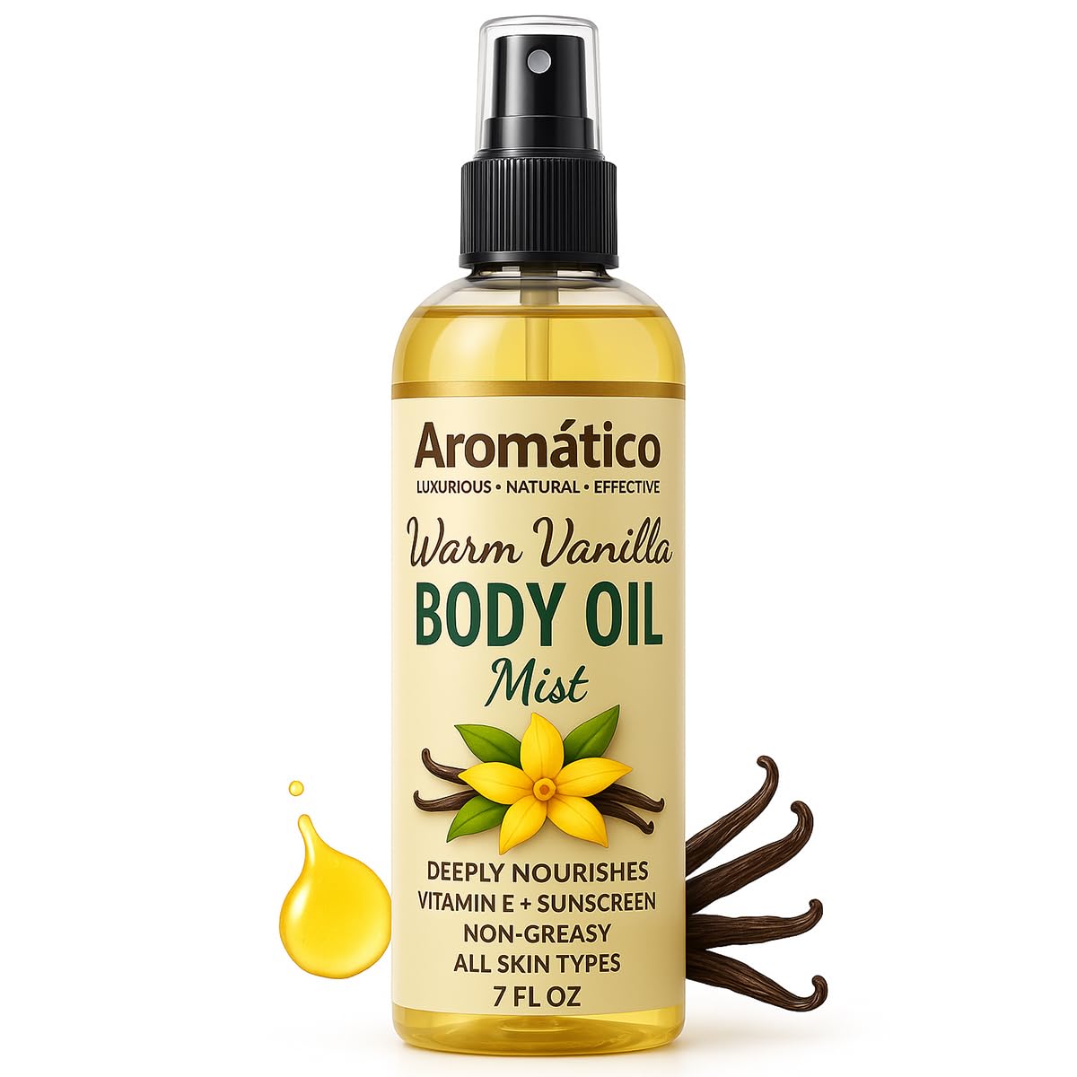 Aromatico Warm Vanilla Body Oil Mist for Women – 7 fl oz | Lightweight, Non-Sticky, Spray-on formula for Daily use After Shower | Moisturized, Soft, Glowing Skin | Cozy, Creamy Vanilla Scent