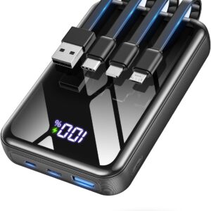 Portable Charger Power Bank 50000mAh, 22.5W Fast Charging Portable Charger with Built-in Cables, Travel Essential 5 Outputs External Battery Pack, LED Display for iPhone, Android, iPad, Black