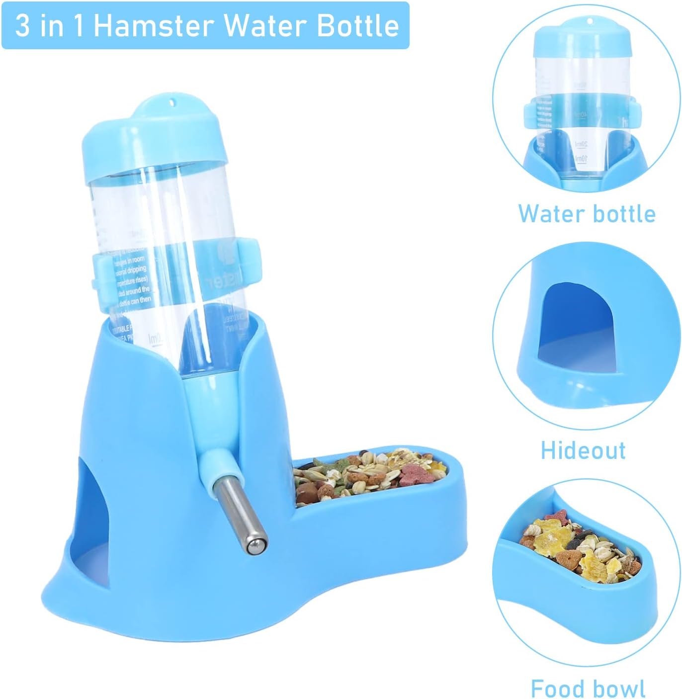 3 in 1 Hamster Hanging Water Bottle Pet Auto Dispenser with Base for Dwarf Hamster Mouse Rat Hedgehog (80ML, Blue) - Image 4