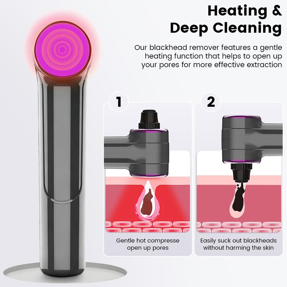 Blackhead Remover Pore Vacuum with Heating Function, Electric Comedone Extractor with 3 Suction Levels & 9 Modes, for Deep Pore Cleansing on Nose and Face with 5 Interchangeable Heads - Image 3