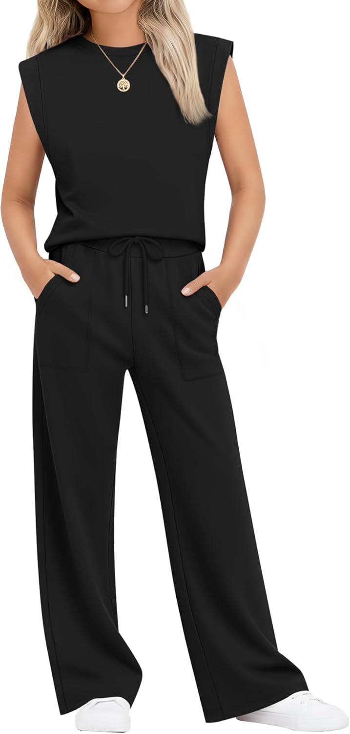 Girls 2 Piece Outfit Sets Short Cap Sleeve Crewneck Top Drawstring Straight Leg Pant Pocket Lightweight Clothes