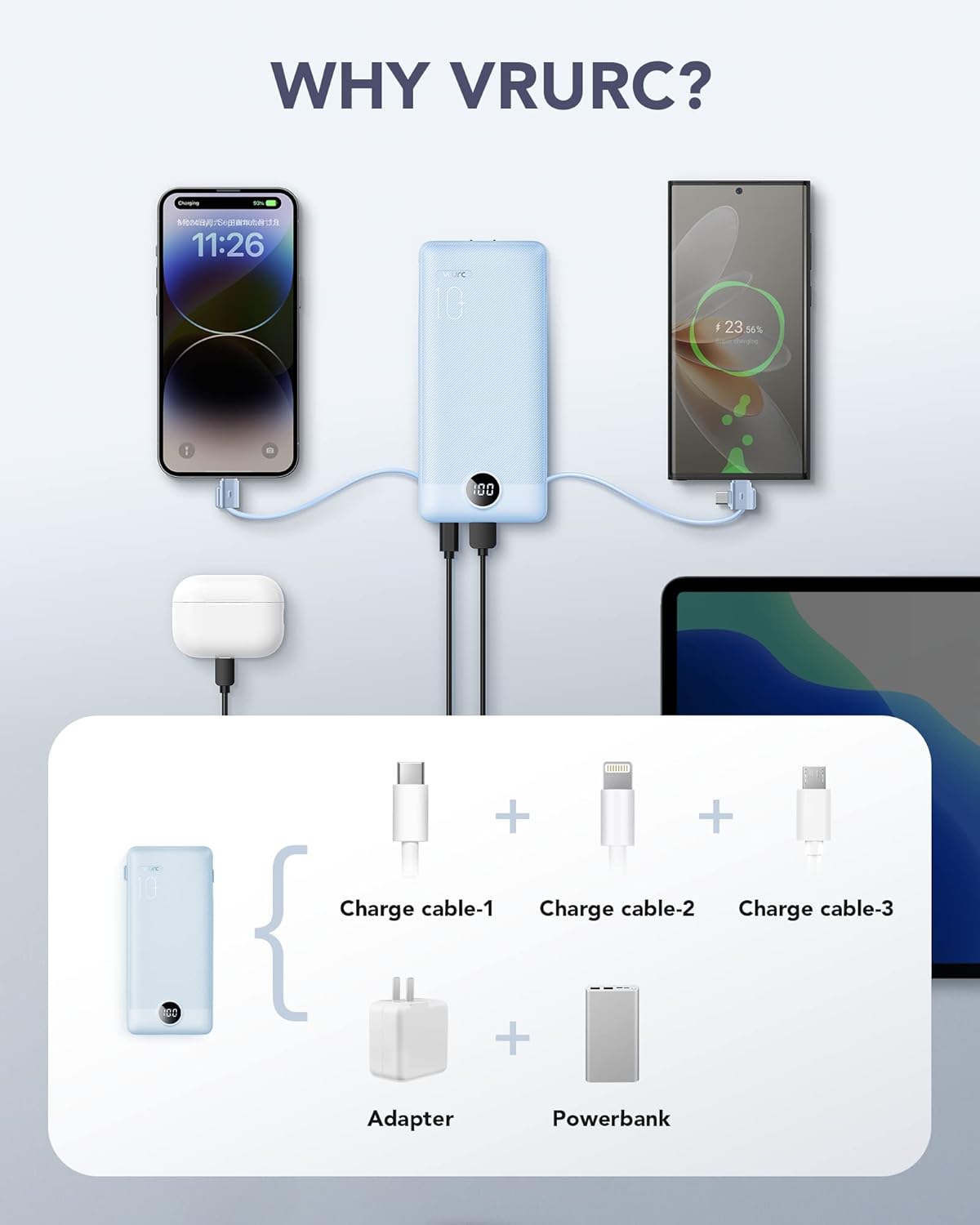 VRURC Portable Charger Built-in Cables and AC Wall Plug, USB C Power Bank 10000mAh, Travel Essentials Phone Charger Compact Lightweight External Battery Pack for Smart Phones, Tablets etc-Blue - Image 4
