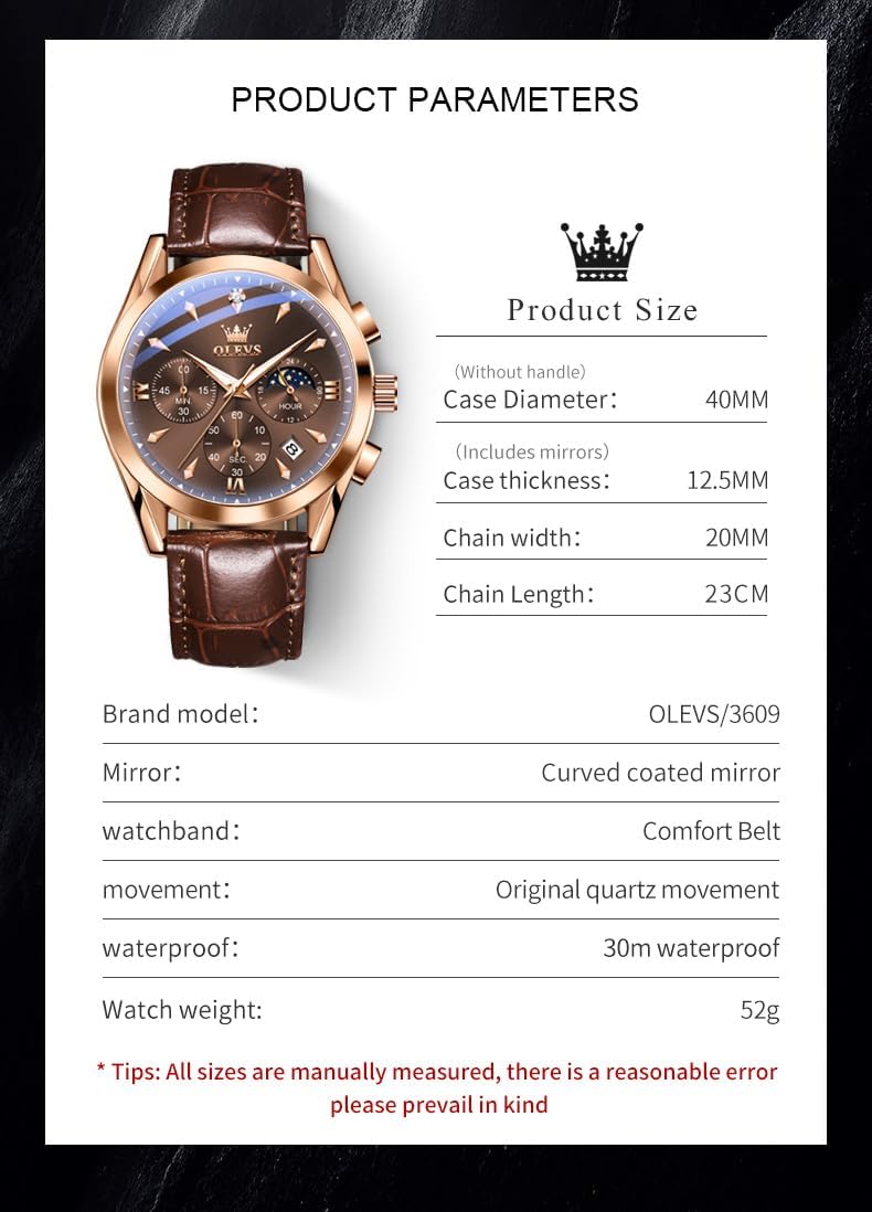 OLEVS Men's Leather Analog Quartz Watch - Luxury Chronograph Wristwatch with Date, Waterproof, Luminous - Dress Style - Image 5