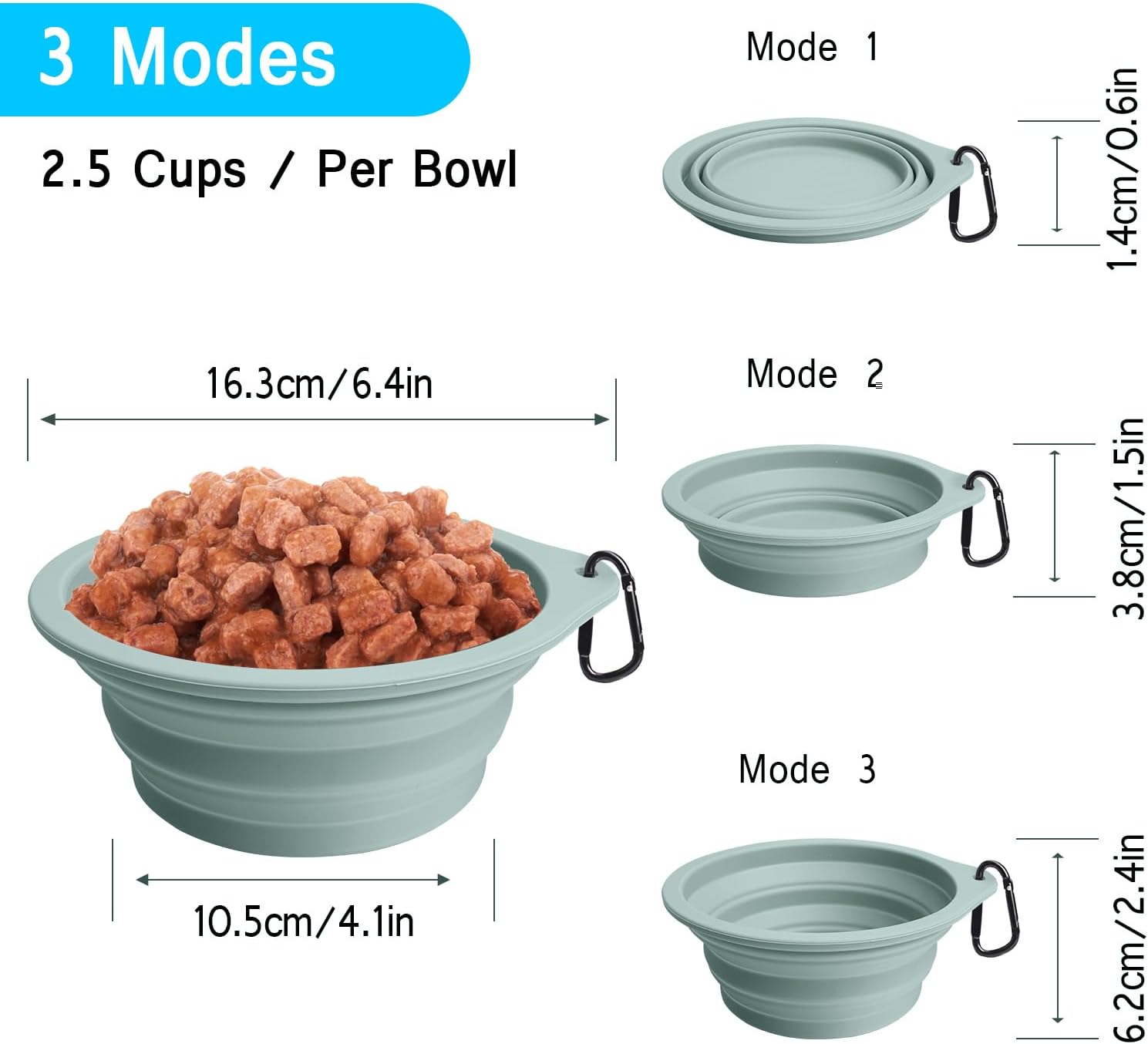 PetBonus 2-Pack Silicone Collapsible Dog Bowls, BPA Free Dishwasher Safe, Portable Foldable Expandable Travel Bowl, Food Water Feeding Cup Dish for Dogs Cats with 2 Carabiners (Turquoise, Tan) - Image 3