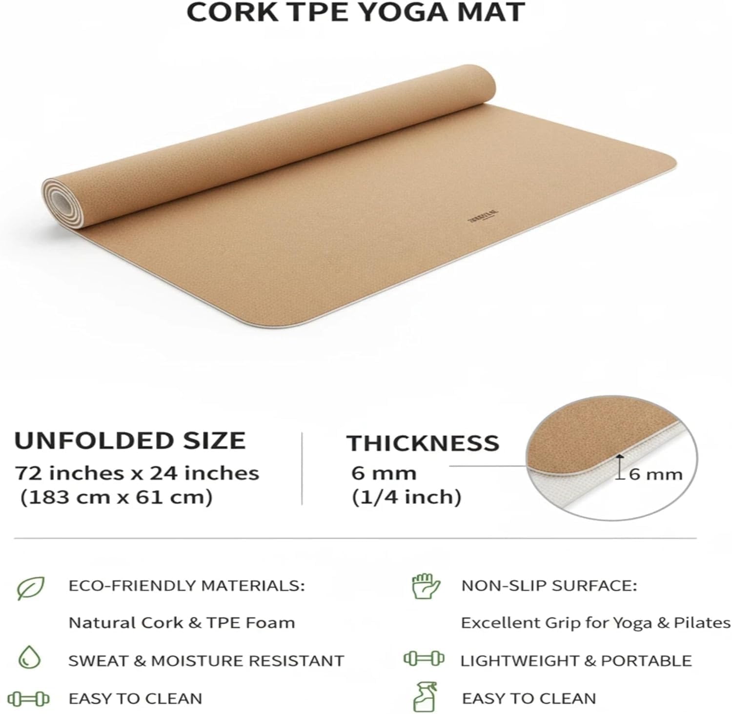 Cork Yoga Mat 6mm Extra Thick Cushioning High Density Natural Rubber Exercise Pad 72 x 24 Inch for Home Gym - Image 4