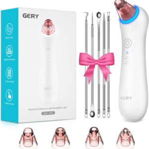 GERY Blackhead Remover Vacuum Pore, Black Head Remover for Face Pimple Skin Cleaner Tools Kit, Electric Comedone Facial Whitehead Extractor with Red & Blue Light, 3 Suction Levels 4 Probes