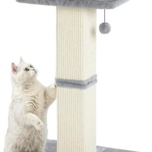 Karolpar 32″ Cat Scratching Post for Indoor Cats, Sisal Cat Scratcher with Plush Perch, Large Scratch Post with Bed, Removable Cover, Sisal Fabric,Light Grey