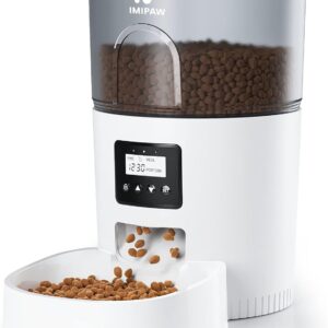 IMIPAW Automatic Cat Feeders, Timed Cat Dry Food Dispenser with Desiccant Bag, Dual Power Supply, Programmable Portion Size, 6 Meals, 20 Portions Per Day, Auto Pet Feeder for Cats and Small Dog, White