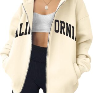 FASHGL Oversized Zip Up Hoodies for Women Casual Graphic Long Sleeve Sweatshirts Fall Spring Track Jackets with Pockets
