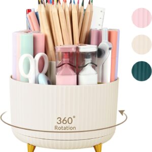 SKYDUE 360 Rotating Plastic Desk Pen Organizer with 5 Slots, Dual-Purpose Art Supply Pencil Cup for Office, School, Home