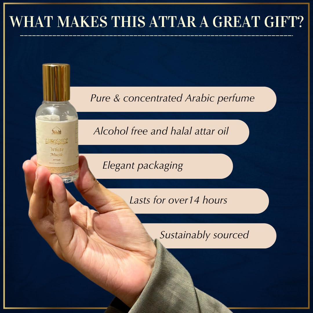Dukhni White Musk Attar Oil Arabic perfume oils for men and women | 30ml Pure musky attar roll on perfume, alcohol free mild scent | Eid, Ramadan, Umrah Gifts & Hampers, Vegan Islamic Fragrances - Image 6