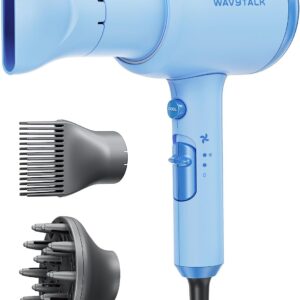 Wavytalk Hair Dryer, Blown Away Ionic Hair Dryer for Curly Hair with Diffuser, 1875W Fast Drying Blow Dryer with Ceramic Technology, 3 Attachments for All Hair Types, Light and Quiet, Light Blue