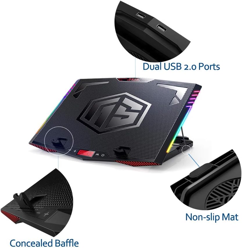 MeFee RGB Laptop Cooling Pad for 15.6-21 Inch Professional Gaming Laptop Cooler with 6 Quiet Fans and Button Control, Pure Metal Panel Portable Cooler - Image 5