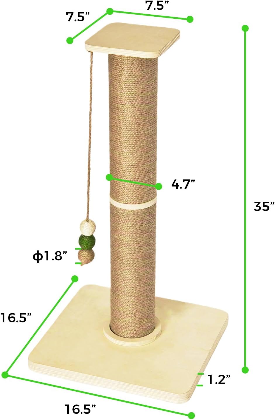 TINYBEAST Wooden Cat Scratching Post, Sturdy 35'' Tall Natural Sisal Cat Scratcher with Thick Solid Wood Base for Adult Cats Indoor, Jumbo Durable Stable Cat Scratcher Tower - Image 6