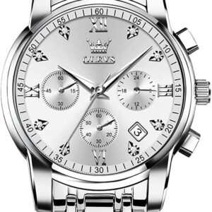 OLEVS Men’s Stainless Steel Chronograph Watch, Big Face Gold Silver Black Tone Easy to Read Analog Quartz Watch, Luxury Waterproof Date Diamond Roman Arabic Numerals Dial Dress Watch for Men