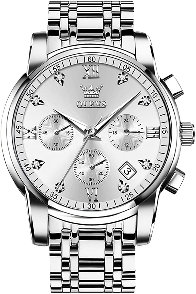 OLEVS Men's Stainless Steel Chronograph Watch, Big Face Gold Silver Black Tone Easy to Read Analog Quartz Watch, Luxury Waterproof Date Diamond Roman Arabic Numerals Dial Dress Watch for Men