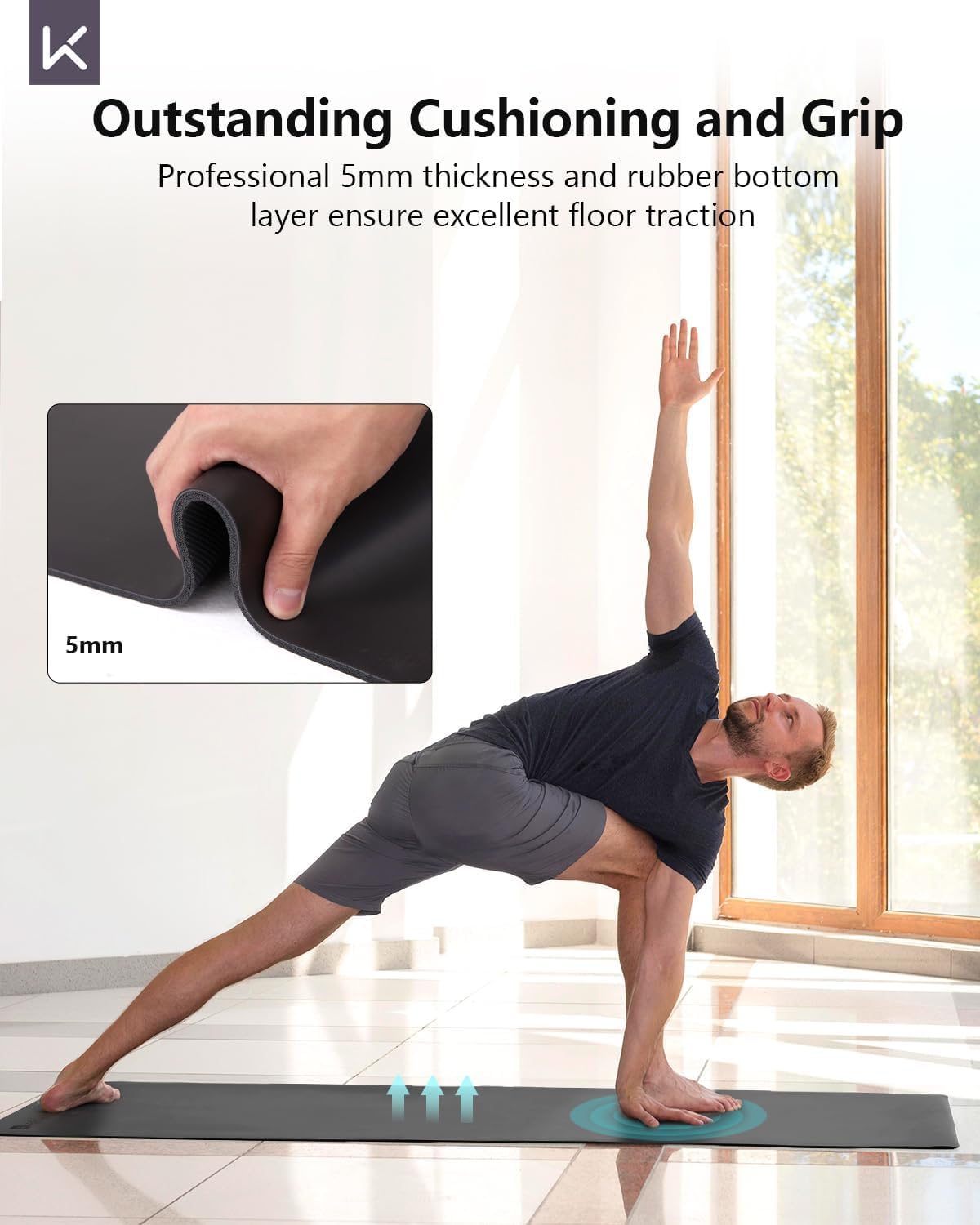 KEEP Rubber Yoga Mat - Professional Sweat Absorbent PU & Natural Rubber. Non Slip Workout Mats for Women & Men, 5mm Thick, 72"x26" Extra Long Wide Pad for Hot Yoga, Pilates, HIIT, Home Gym - Strap Included - Image 4