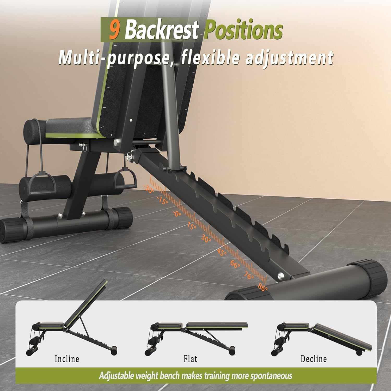 Fitgoods Adjustable Weight Bench for Home Gym, Foldable 700LBS Workout Bench with 9 Backrests, Multi-Purpose Bench Press for Incline Decline Flat with Fast Adjustment (2 resistance bands) - Image 4