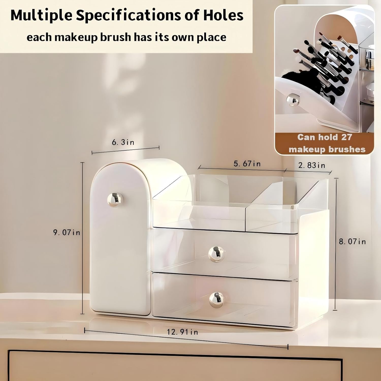 Makeup Organizer for Vanity with Covered Brush Holder,Bathroom Organizers with Drawer,Skin Care Organizer,Makeup Organizers for Vanity with Drawer,Large Makeup Storage for Dresser, White - Image 4