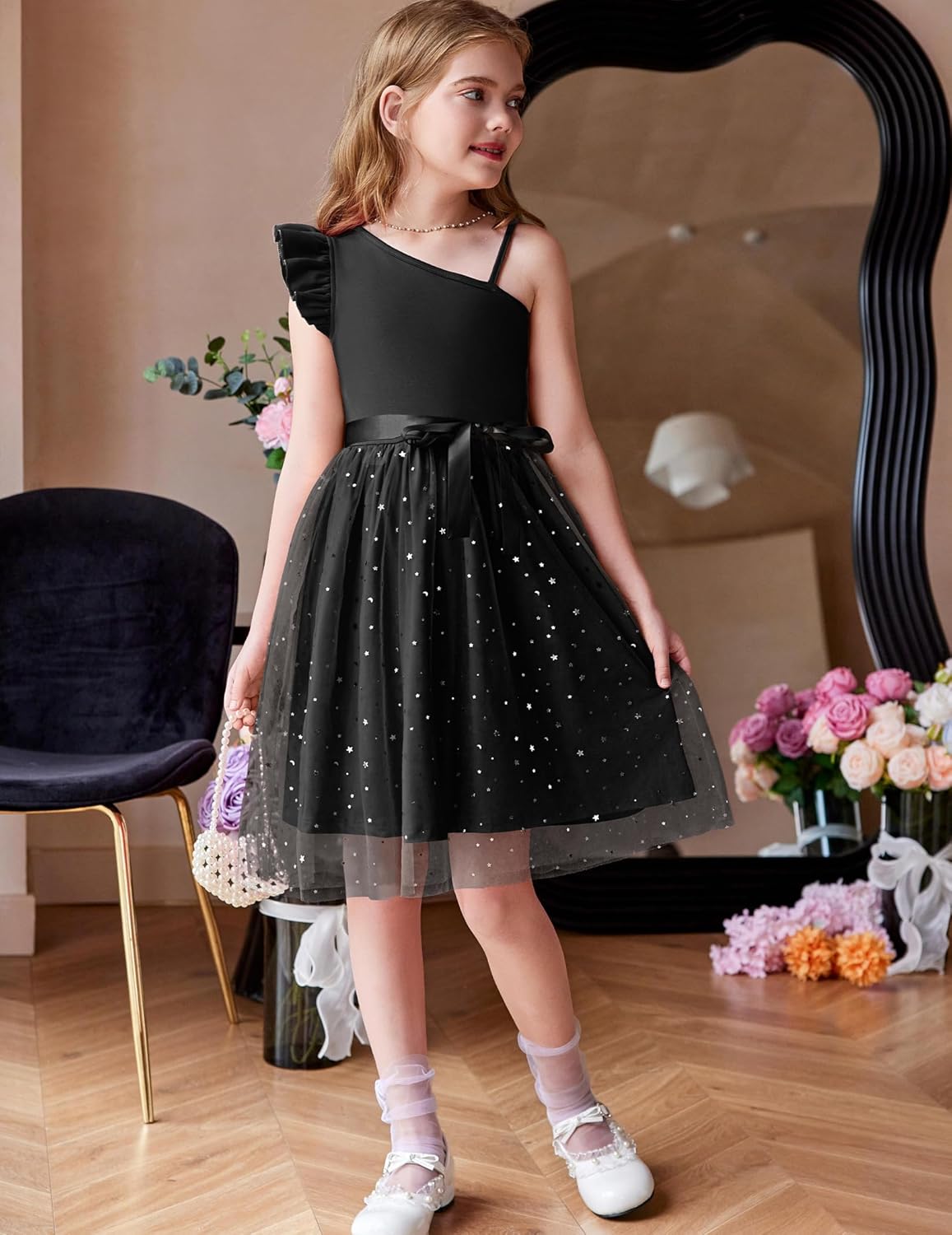 Arshiner Girls Dresses Summer One Shoulder Ruffle Sleeveless Formal Fancy Party Birthday Tulle Dress with Belted - Image 4