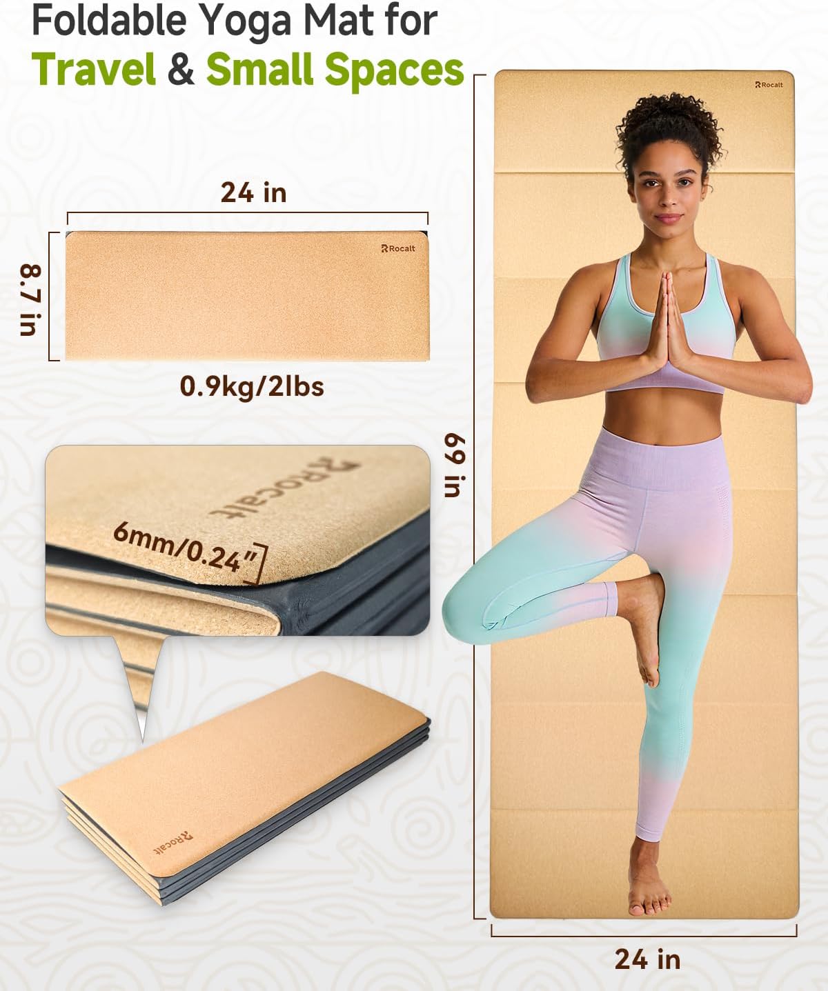 Rocalt Foldable Cork Yoga Mat, Non-Slip Lightweight Exercise Mat for Travel, Packable Workout Mat with Carrying Strap for Yoga Pilates Home Gym Floor Fitness - Image 2