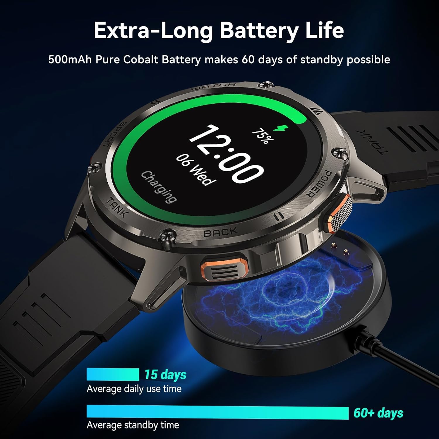 AMAZTIM Smart Watches for Men,60 Days Extra-Long Battery, Rugged Military Bluetooth Call(Answer/Dial Calls),1.43" Ultra HD AMOLED Display,Full Metal Body SmartWatch Compatible iPhone and Android - Image 5
