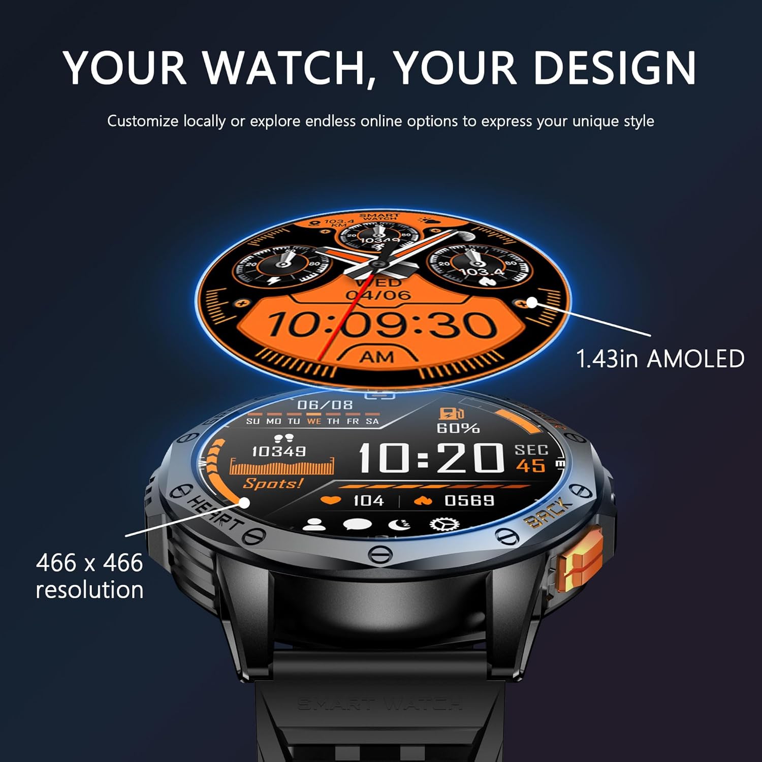 Military Smart Watch With GPS, 170+ Sport Modes Smartwatch with Heart Rate Monitor, Compass, Flashlight, GPS, Smart Watch for men,1.43" AMOLED Screen Bluetooth Call,Compatible iOS & Android (2 Bands) - Image 2