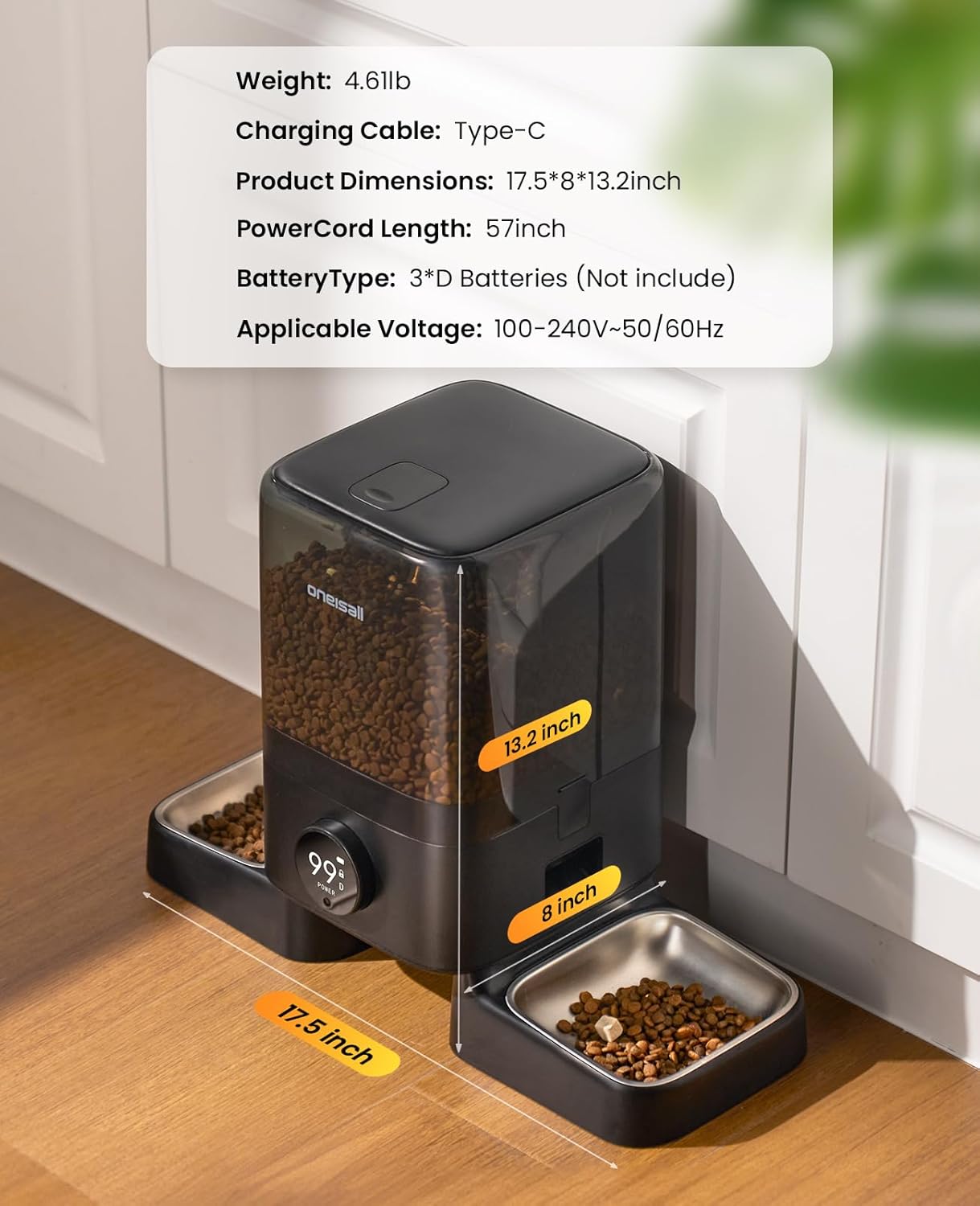 oneisall Cordless WiFi Automatic Cat Feeder for 2 Cats, Rechargeable 100-Day Battery Operated Auto Cat Feeder, 20 Cups/5L Timed Cats Food Dispenser Automatic for Large Kibble, Smart App Control - Image 8