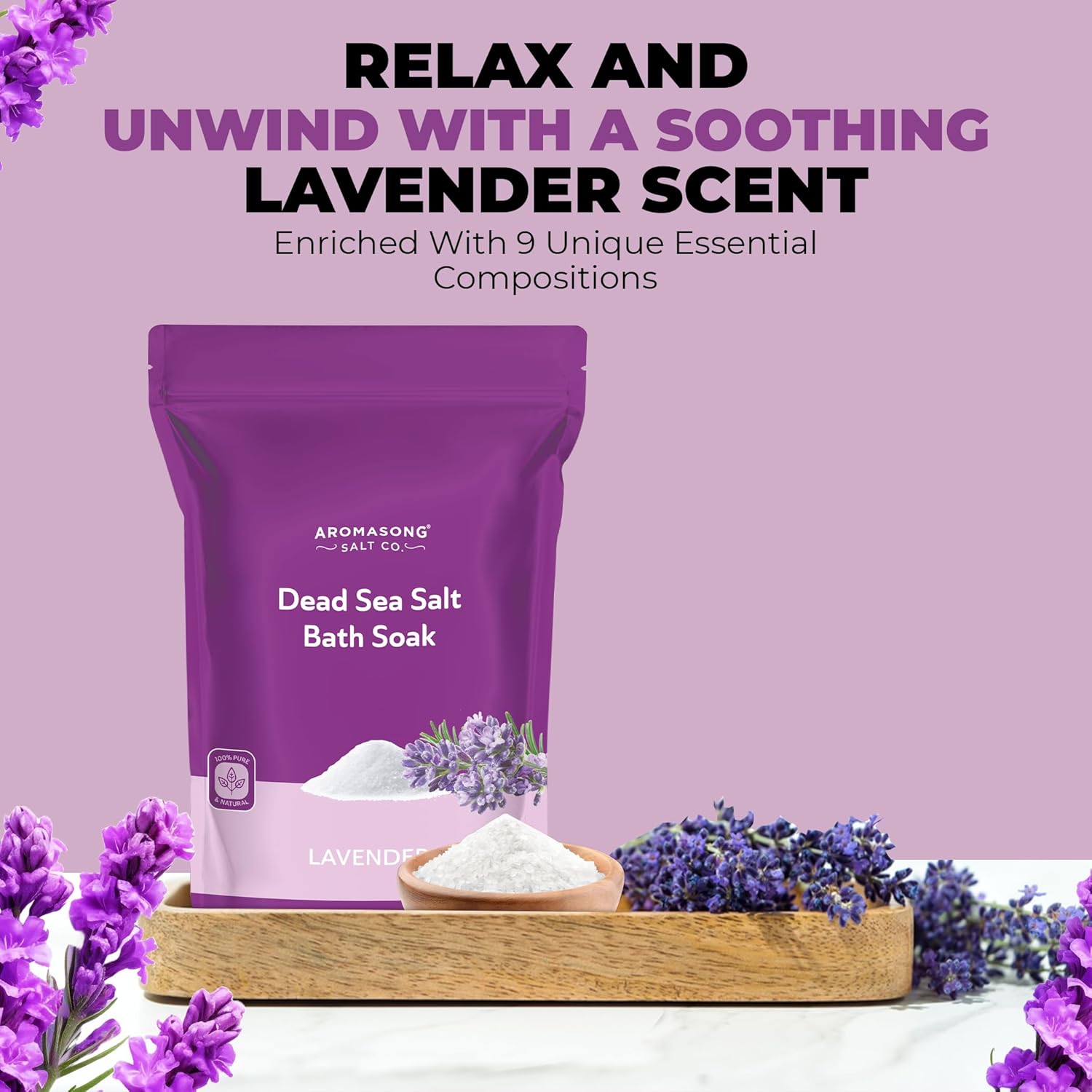 Aromasong Dead Sea Salt for Soaking with Natural Lavender Essential Oil – 14 Oz. Spa Bath Salt Fine Grain 7 Uses Per Pack - for Body Wash Scrub - Soak for Women & Men for Tired Muscles & Skin Issues - Image 5