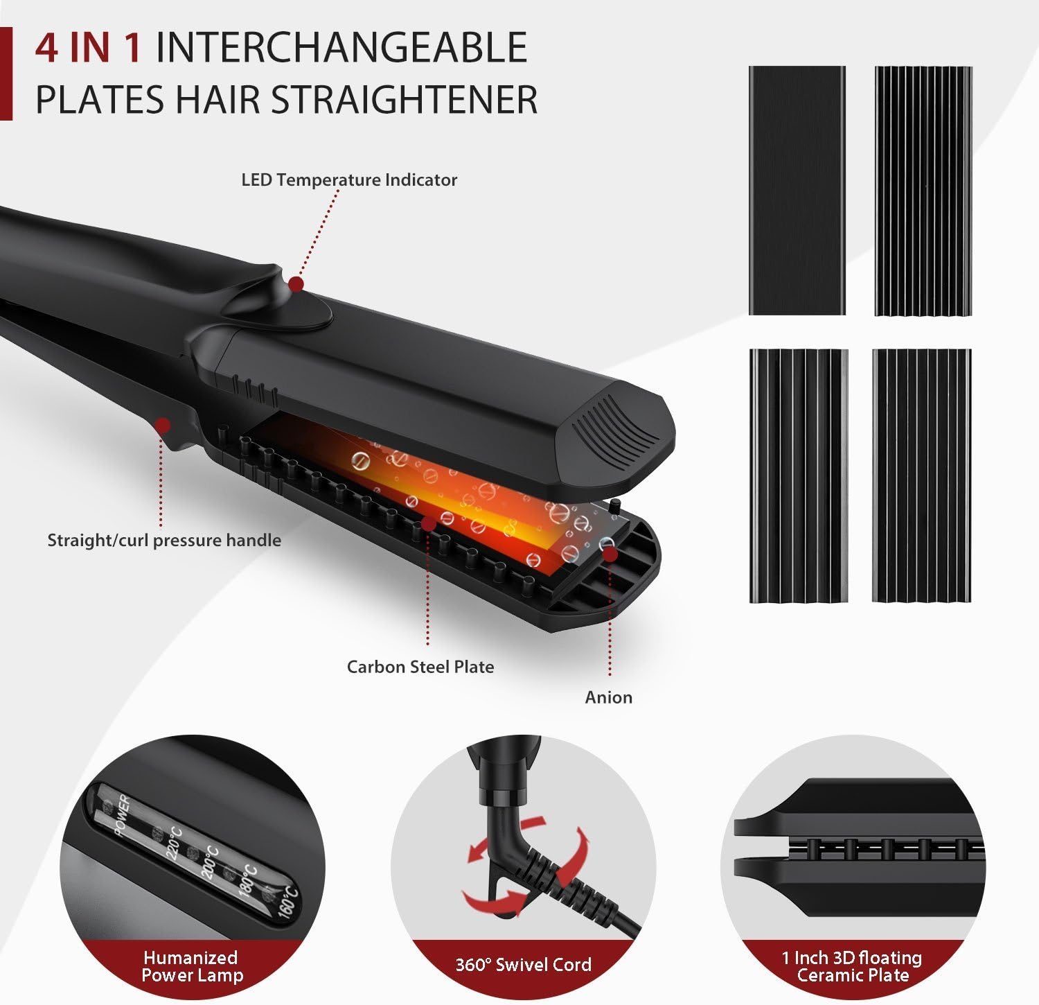 Pulla Hair Straightener and Crimper - 4 in 1 Tourmaline Ceramic Flat and Curling Iron for Hair Styling with Adjustable Temperature - Salon High Heat 320°F - 430°F for All Hair Types - Image 6
