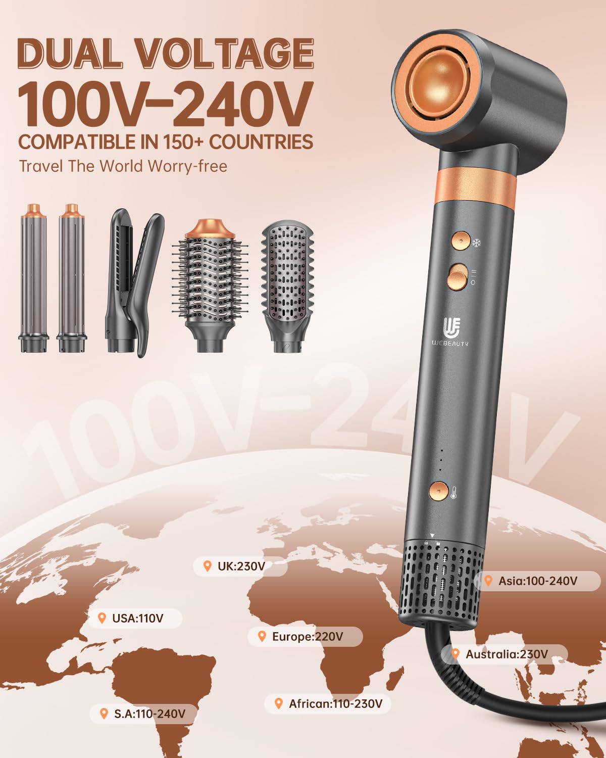 Hair Dryer Brush Air Styler: Dual Voltage 7 in 1 Ionic Multi Styling Tools with Hot Air Straightener, Auto Wrap Curlers, Frizz-Free Volumizer, Fast Blow Drying Curling Straightening and Smoothing - Image 6