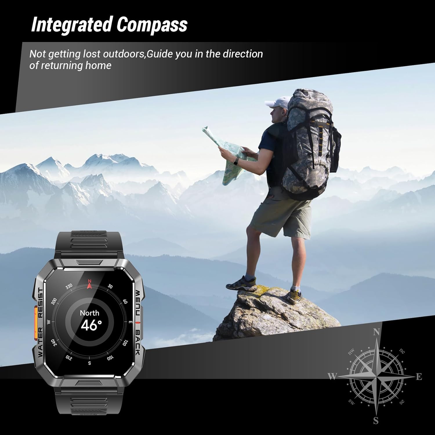 Military Smart Watch for Men (Answer/Make Calls), 2.01'' Smart Watch for Android and iPhone, Fitness Tracker with Flashlight/Compass/100 Days Battery/Heart Rate/Sleep/100+ Sport Modes(2 Straps) - Image 4