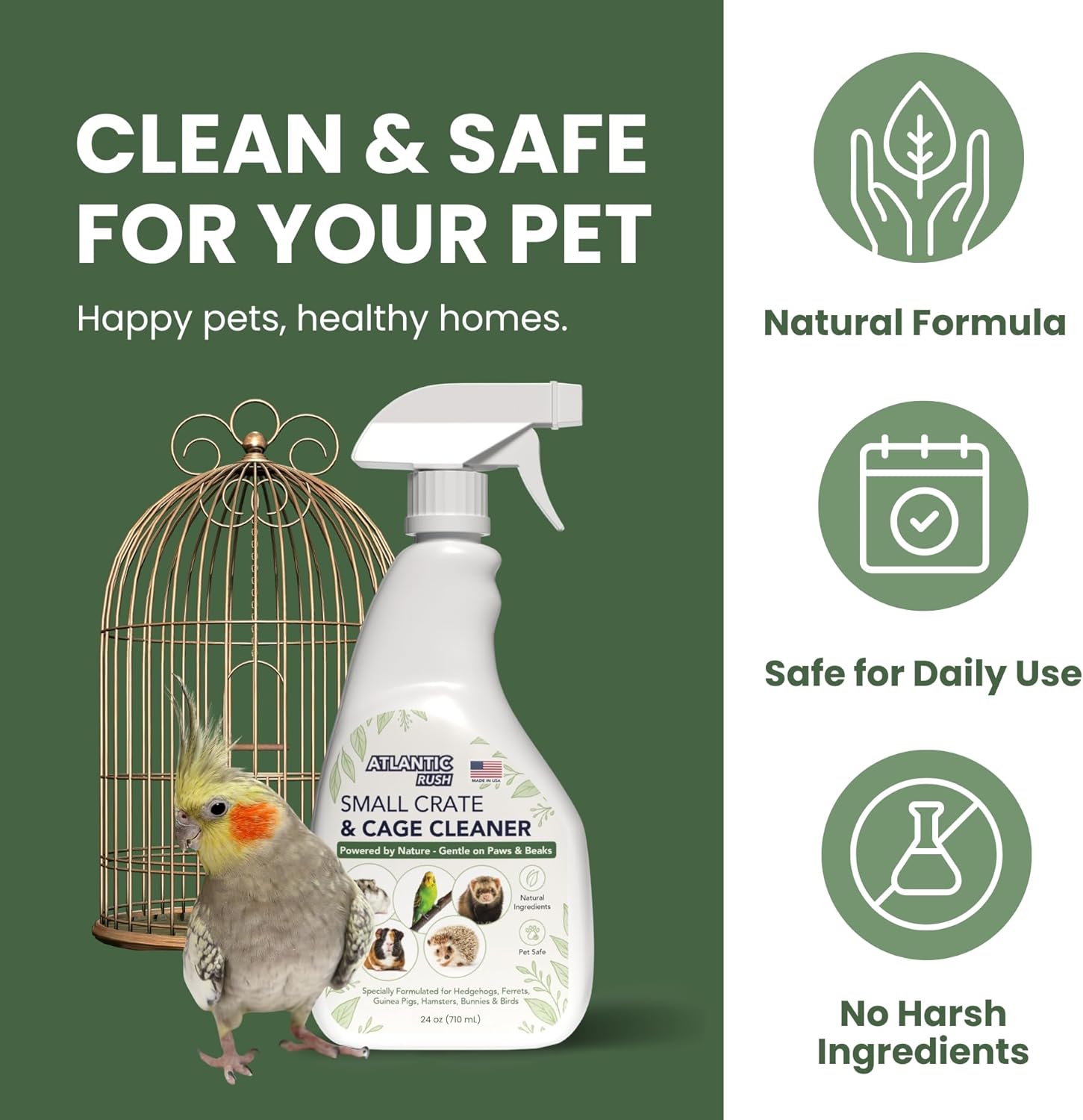 Atlantic Rush Small Animal Cage Cleaner Spray- 24oz Bottle Cage and Crate Cleaner for Guinea Pig, Hamster, Rabbit, Ferret, & Birds- Cage Cleaning Supplies Odor Eliminator - Image 8