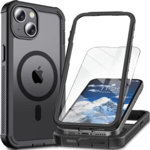Magnetic for iPhone 13/14 Case,[Screen Protector] [Compatible with MagSafe][Military Grade Drop Protection][Heavy Duty Protection][Shockproof] 2-Layer Durable Bumper Phone Case 6.1″-Black