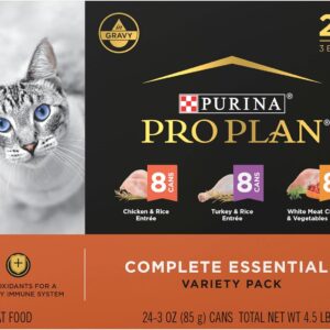 Purina Pro Plan Gravy, High Protein Wet Cat Food Variety Pack, Complete Essentials Chicken and Turkey Favorites – (Pack of 24) 3 oz. Cans