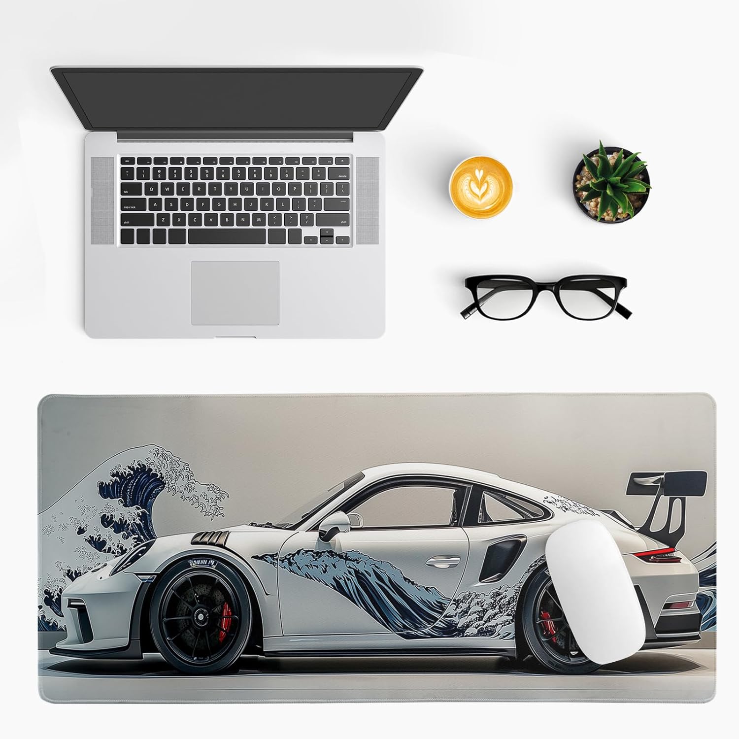 White Ukiyo-e Style Sports Car Large Gaming Mouse Pad Desktop Mat 31.5x11.8 Inch - Non-Slip Rubber Base - for Gamers - Perfect for Gamers & PC Enthusiasts - Image 3