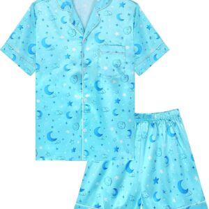 Sylfairy Girls Pajamas Silk PJS Set Pink Bow Satin Sleepwear Short Sleeve Jammies for Kids Button-Down Nightwear size 7-14