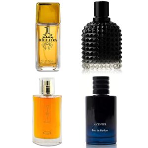 A CENTER Men’s Cologne Include 4 Variety Pack Perfume Gift Set- 3.4 Fl Oz Each Eau De Parfume Amber,Patchouli,Woody,Masculine Scent Long Lasting Fragrance(Bundle E)