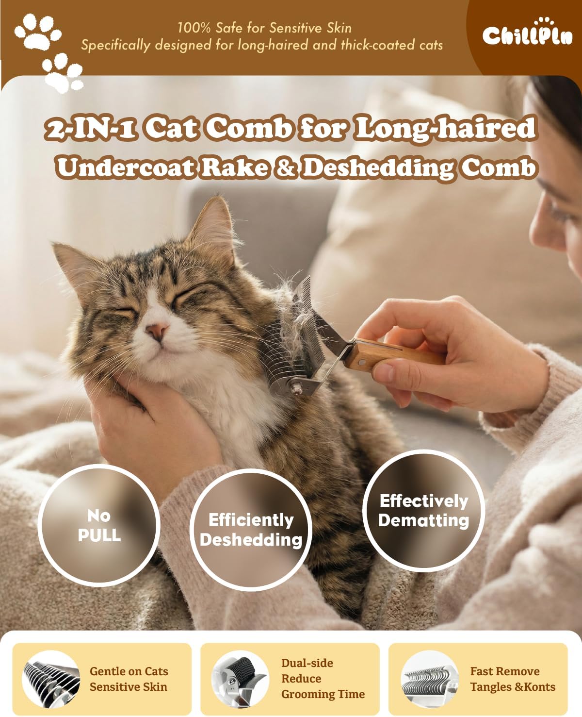 Cat Brush for Long Haired Cats - Double Sided Dematting Undercoat Rake for Persian, Ragdoll, Maine Coon - Professional Grooming Tool to Remove Mats, Tangles & Shedding - Skin-Safe Teeth - Image 2