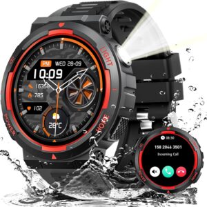 Military Smart Watches for Men (Answer/Make Calls) with LED Flashlight 3ATM Waterproof Smartwatch with 100+ Sports Modes 1.53″ Fitness Tracker with Heart Rate Monitor for iPhone Android