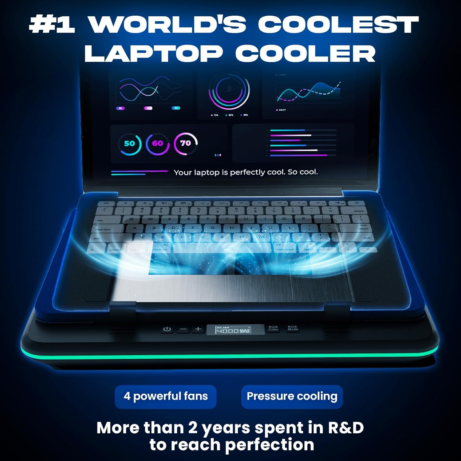 KLIM Turbofrost - Gaming Laptop Cooling Pad - 4 Powerful Turbo Fans - 4 x 4000 RPM, Laptop Cooler 2 Power Modes USB-C/DC, Dynamic RGB, 4-Ports USB, Sealed Foam for Fast Cooling for Laptops up to 17in - Image 2